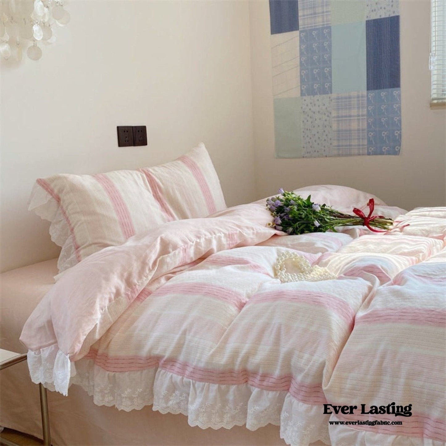 Cecilia Lace Ruffle Double Gauze Striped Bedding Set / Pink