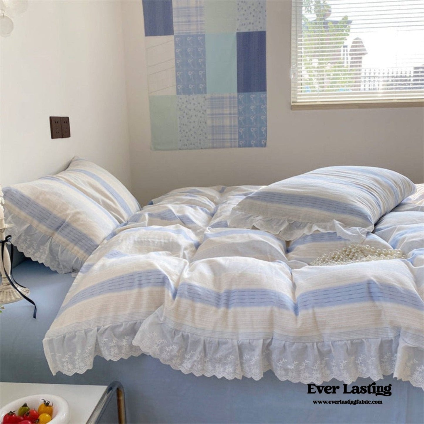 Cecilia Lace Ruffle Double Gauze Striped Bedding Set / Pink