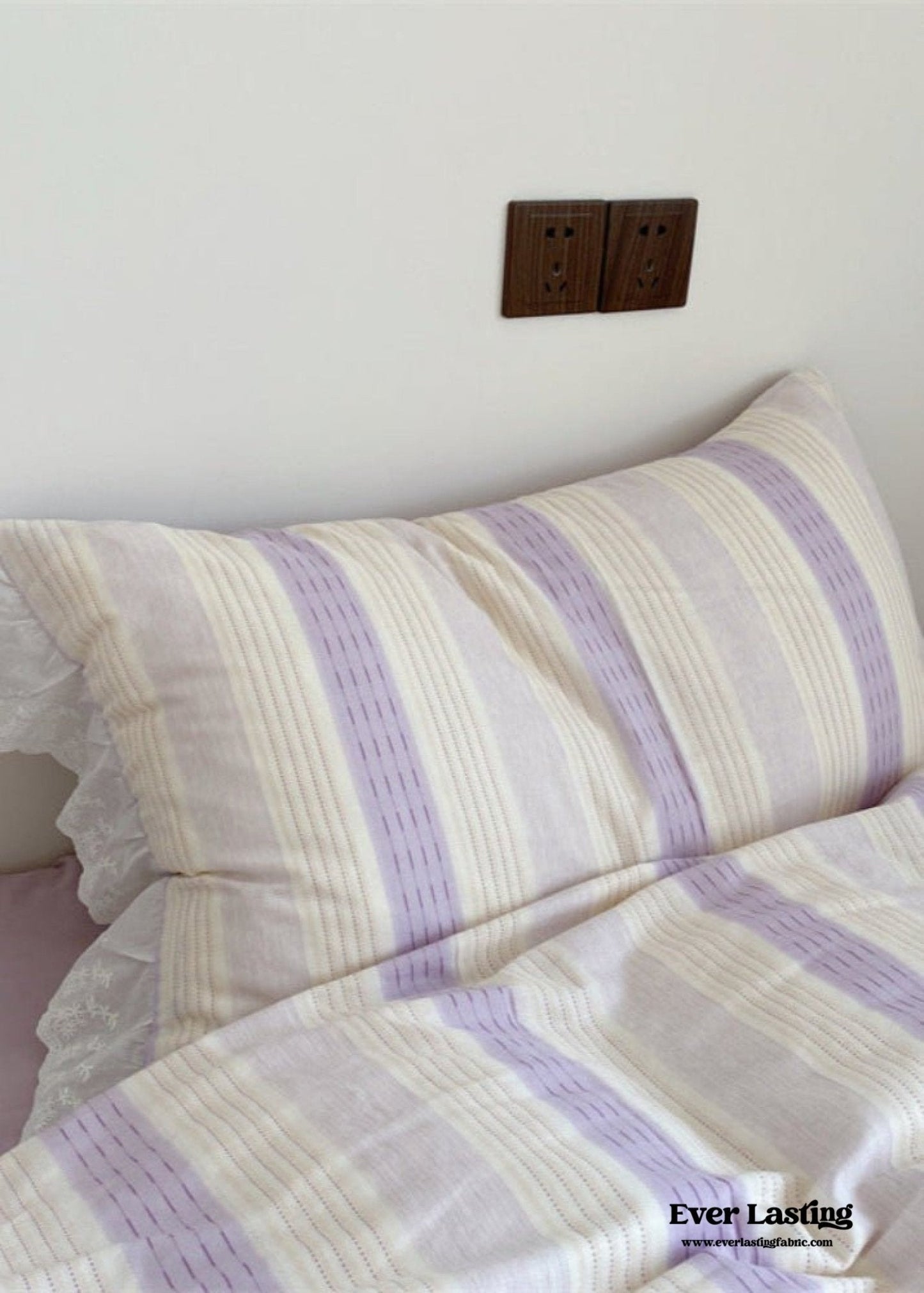 Cecilia Lace Ruffle Double Gauze Striped Bedding Set / Pink