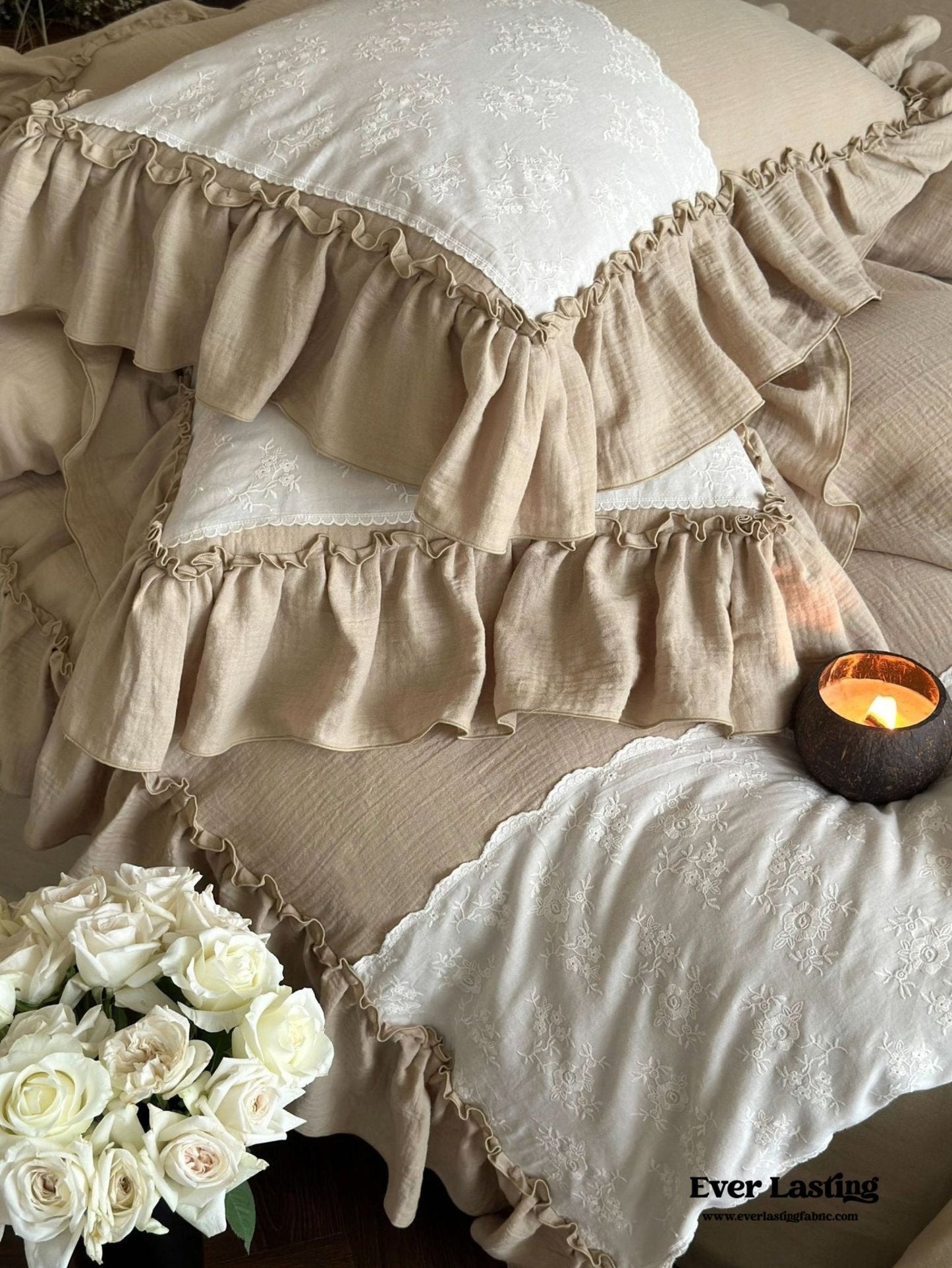 Celeste Soft Lace Embroidered Ruffle Bedding Set  / Coffee Brown