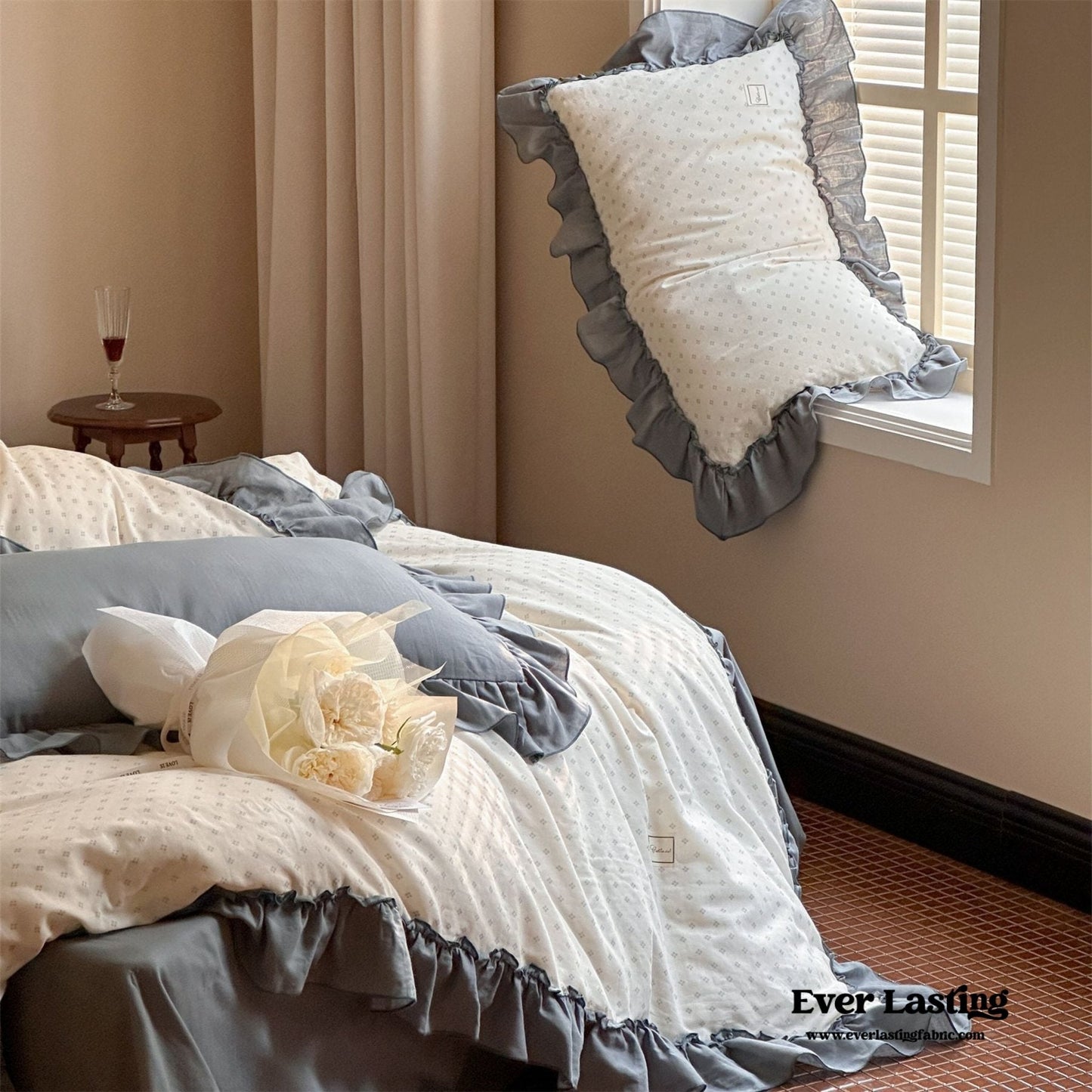 Cottage Inspired Ruffle Bedding Set / Ash Blue