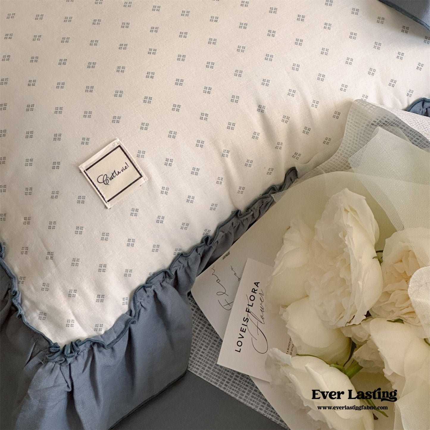 Cottage Inspired Ruffle Bedding Set / Ash Blue