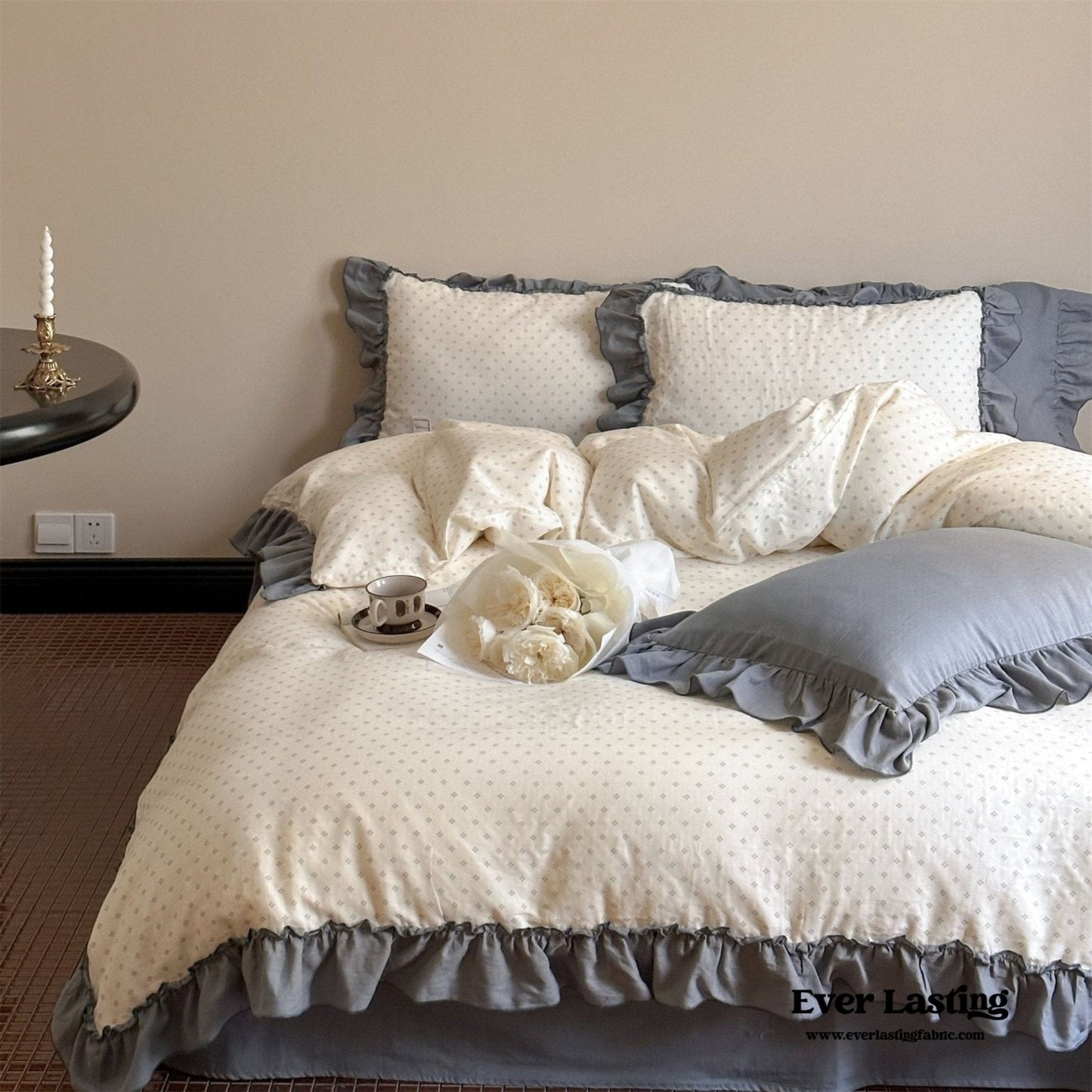 Cottage Inspired Ruffle Bedding Set / Brown