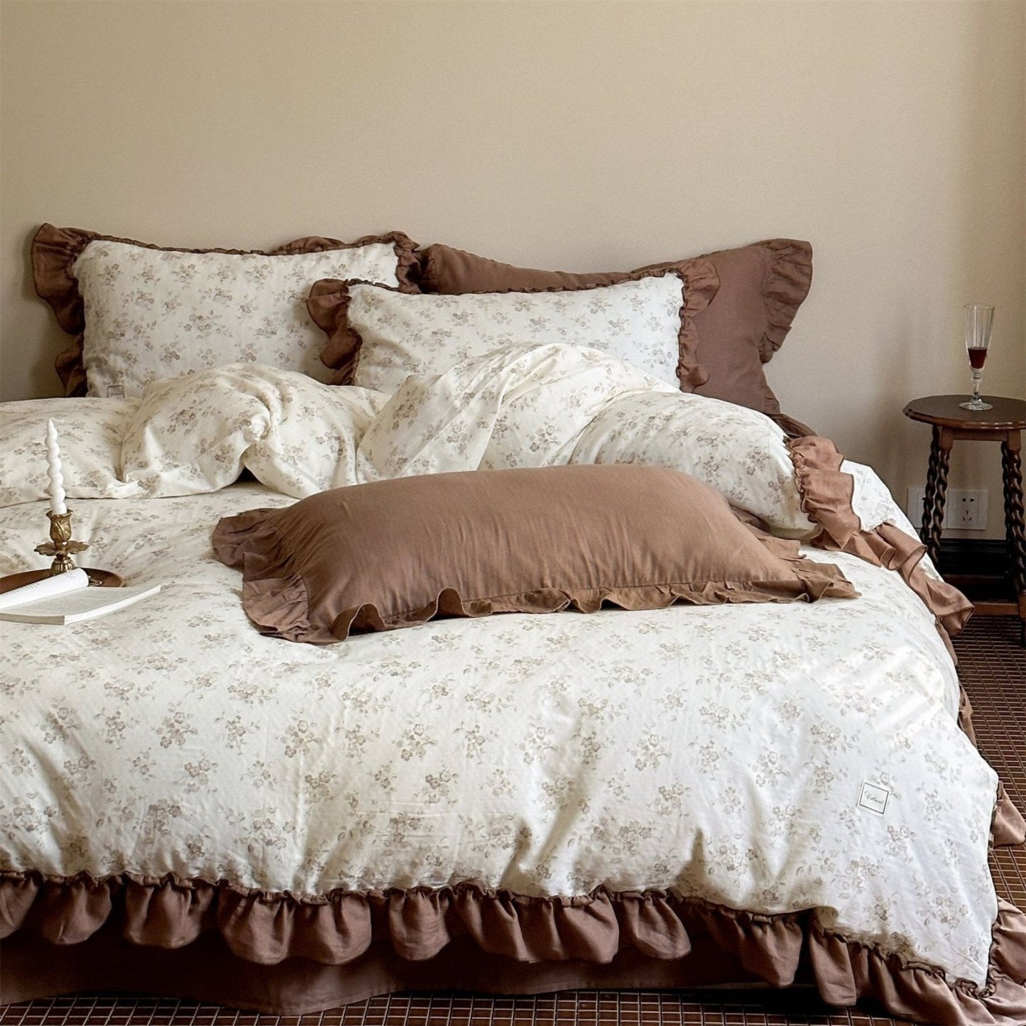 Cottage Inspired Ruffle Bedding Set / Soft Brown