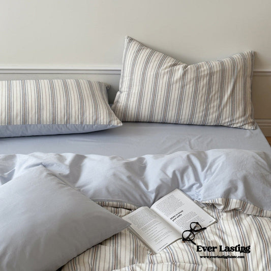 Cozy Pastel Striped Washed Cotton Duvet Cover / Blue