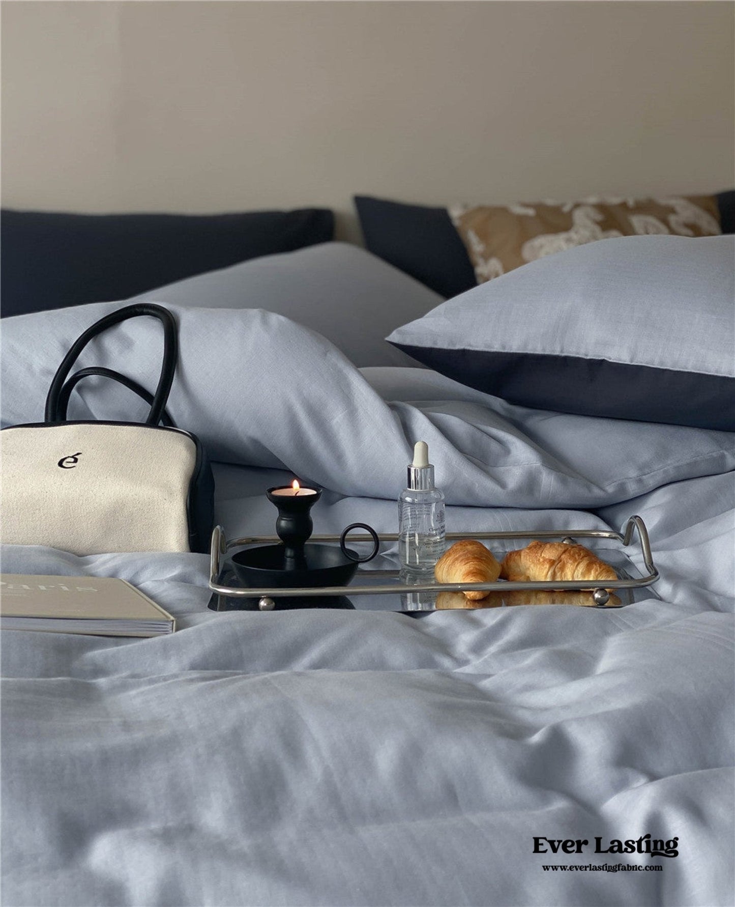 DUO Minimal Double Layer Washed Cotton Bedding Set / Khaki + Brown