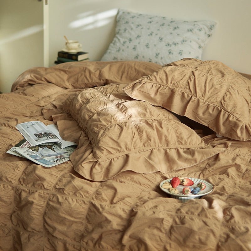 Earth Tone Marshmallow Puff Ruffle Bedding Set / Pumpkin Brown