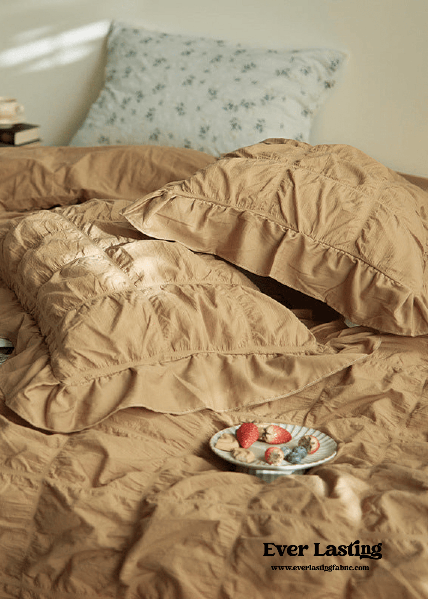 Earth Tone Marshmallow Puff Ruffle Bedding Set / White