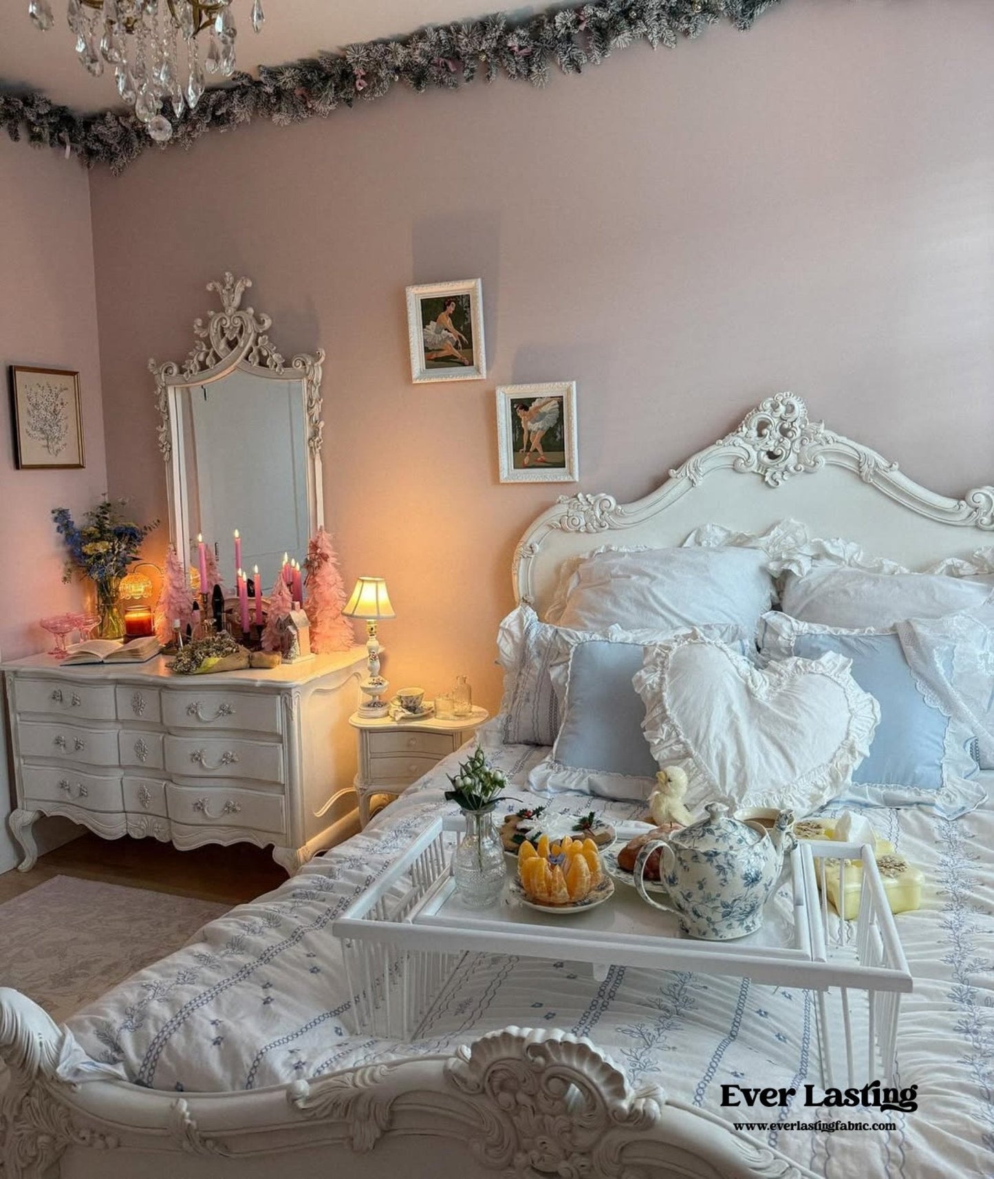 Embroidered French Lace Ruffle Bedding Set / Blue