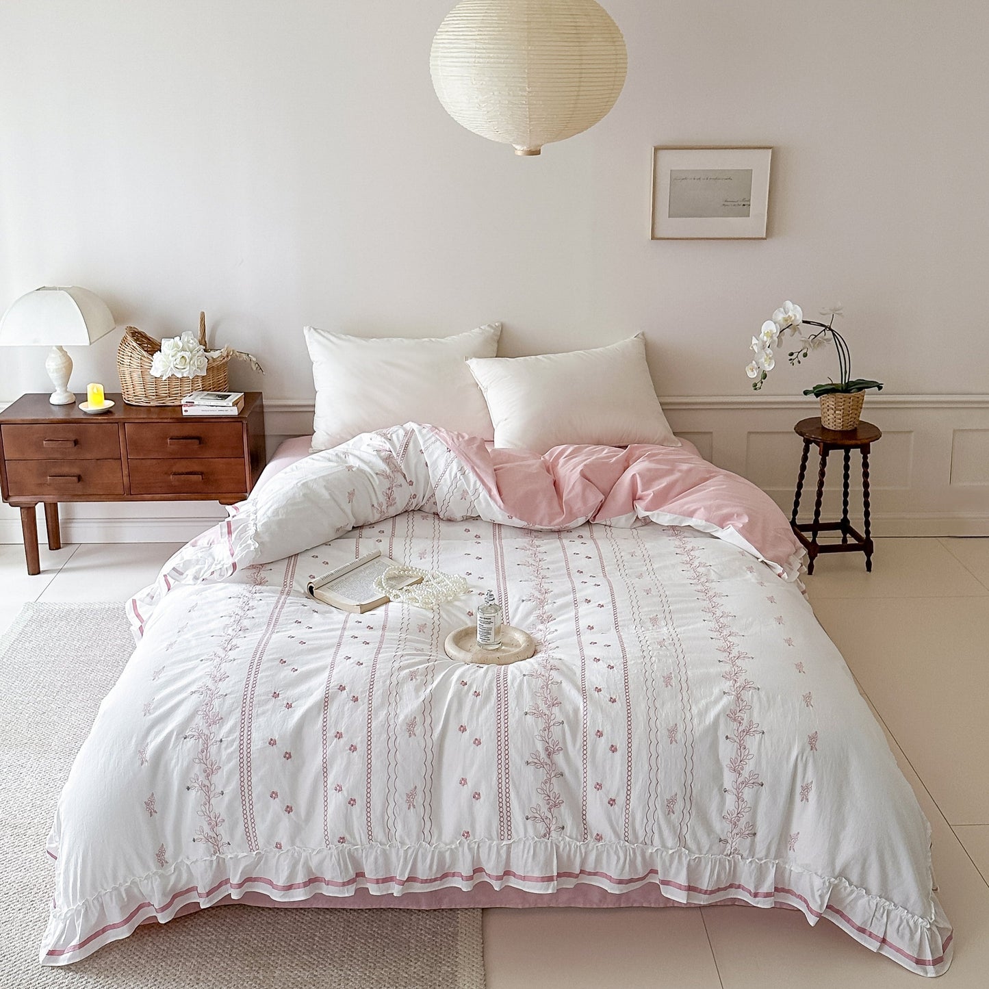 Embroidered French Lace Ruffle Bedding Set / Blue