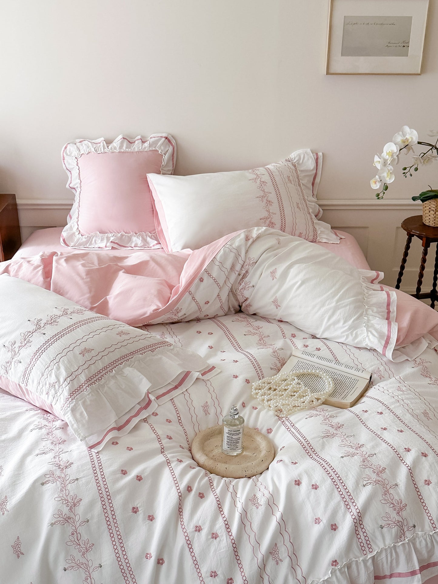 Embroidered French Lace Ruffle Bedding Set / Blue