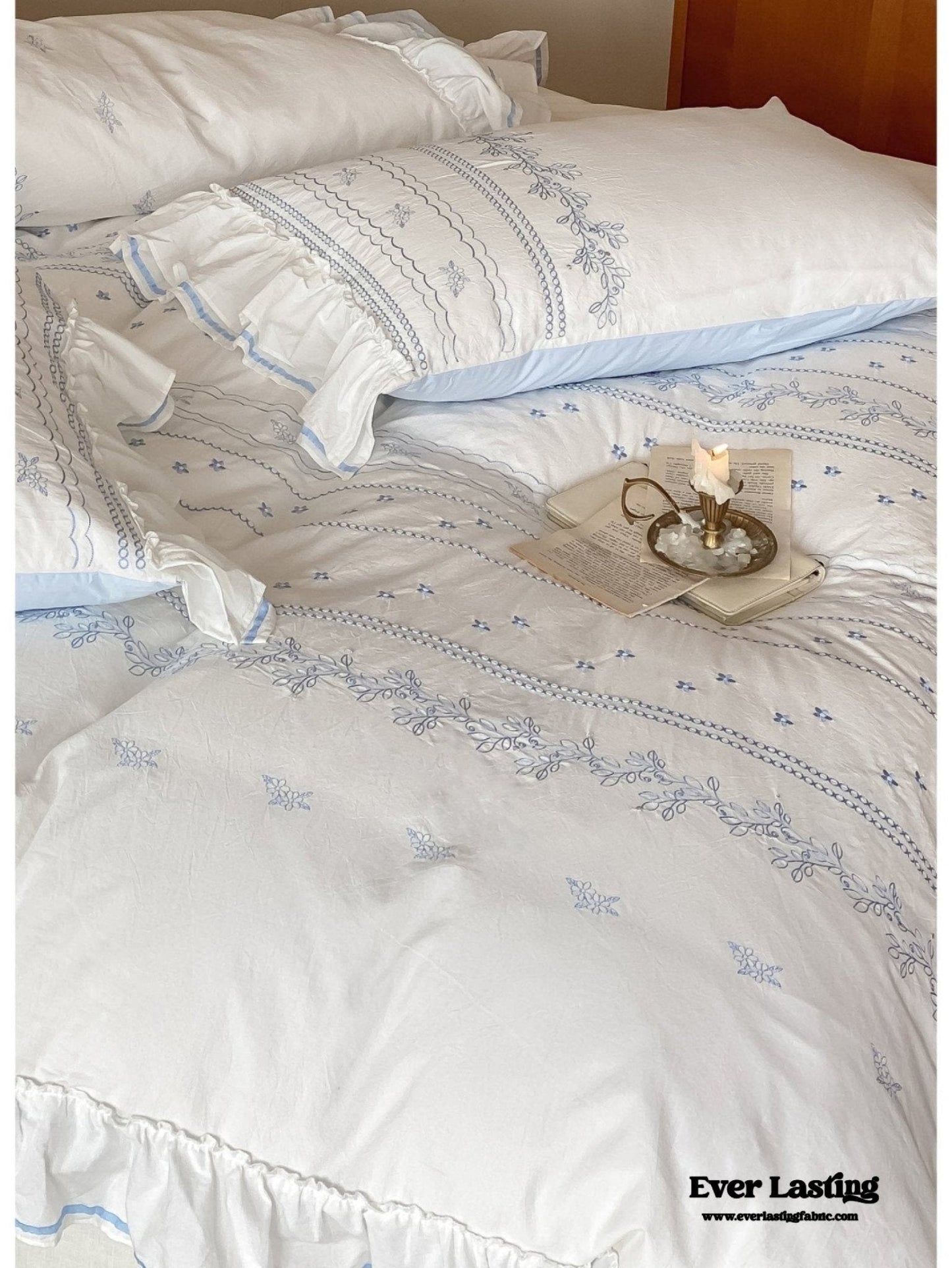 Embroidered French Lace Ruffle Pillowcases / Blue