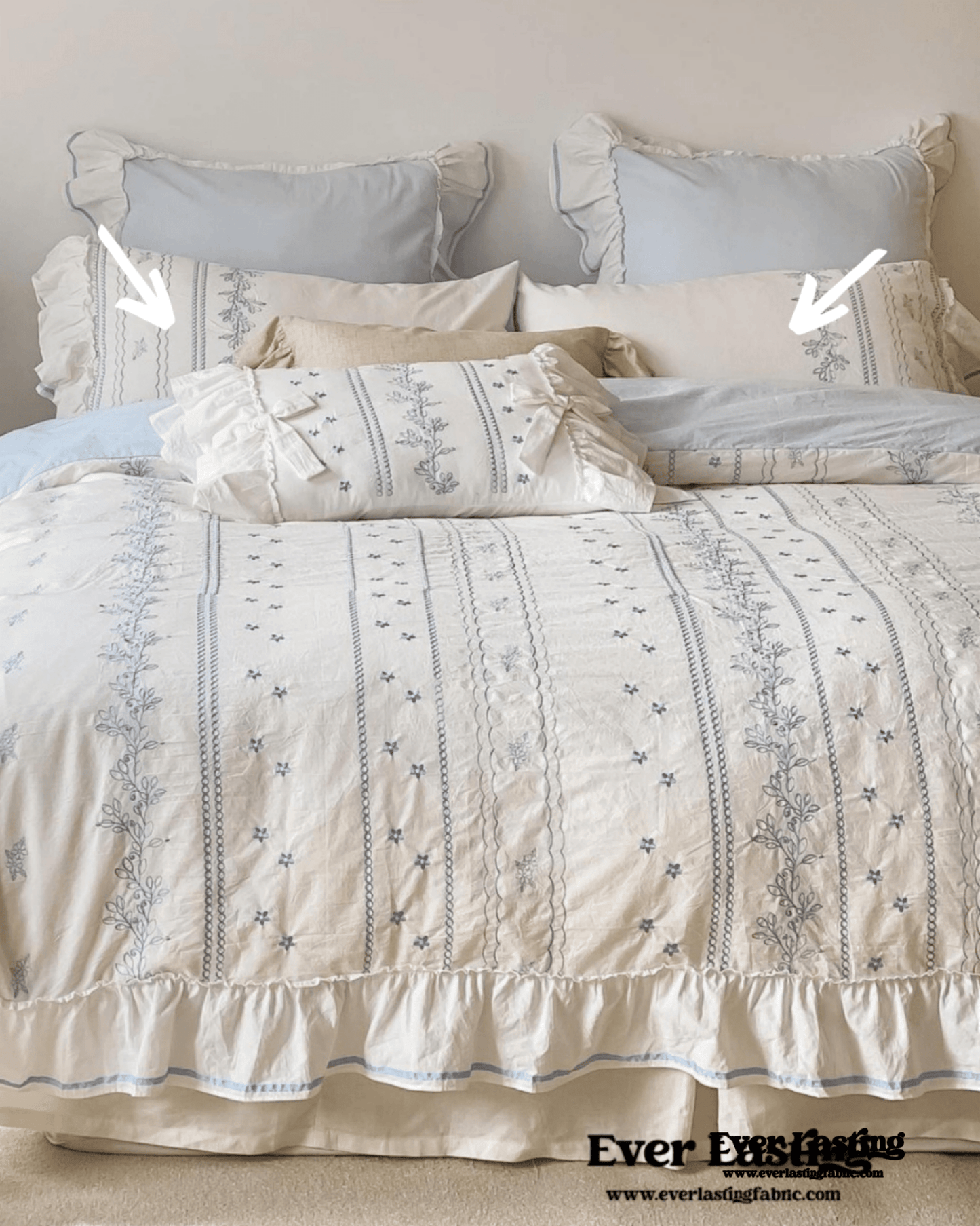 Embroidered French Lace Ruffle Pillowcases / Blue