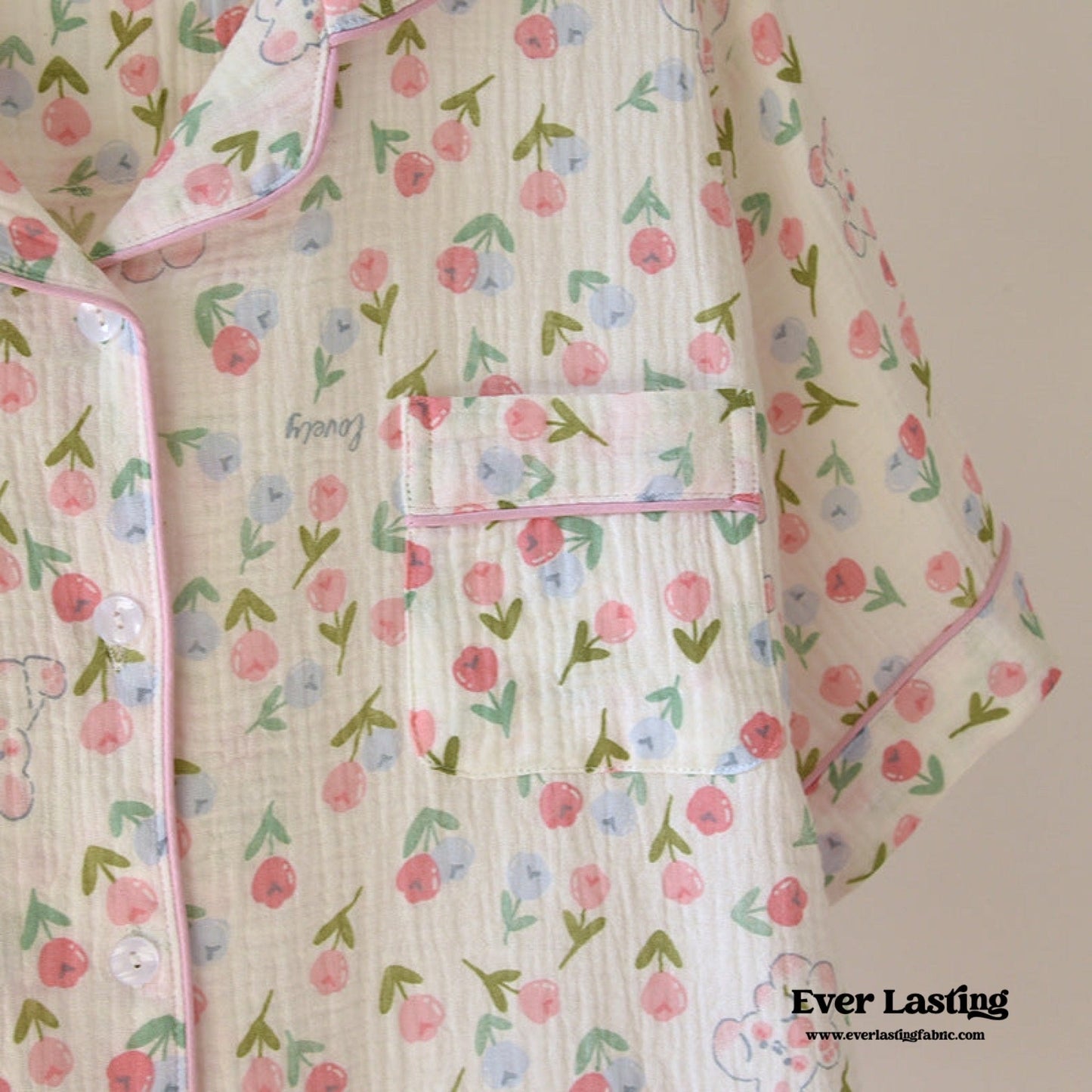 Floral Garden Short Sleeves and Pants Cotton Pajama Set / White