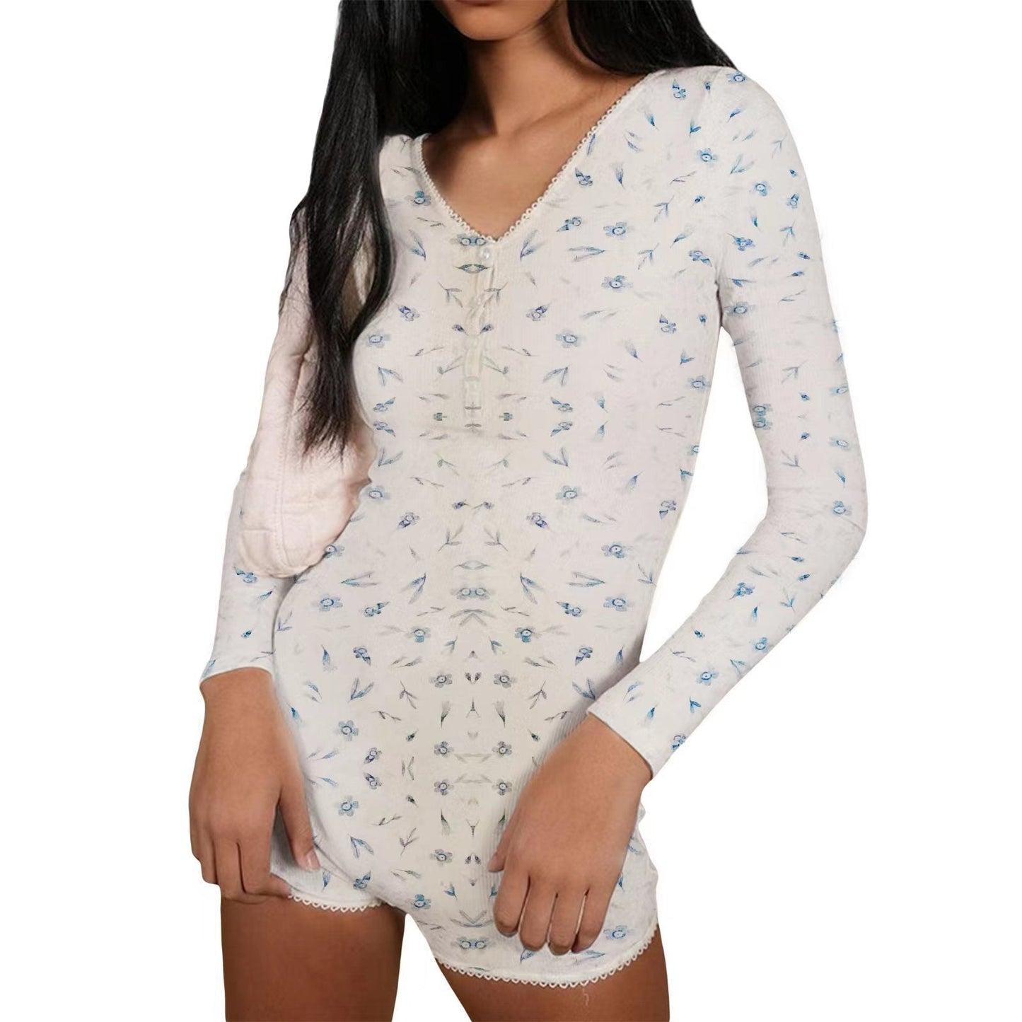 Floral Pajama Long Sleeves Bodysuit / Pink