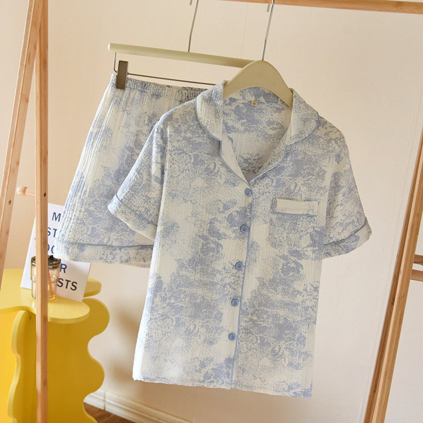 French Cottage Short Sleeves and Shorts Cotton Pajama Set / Blue