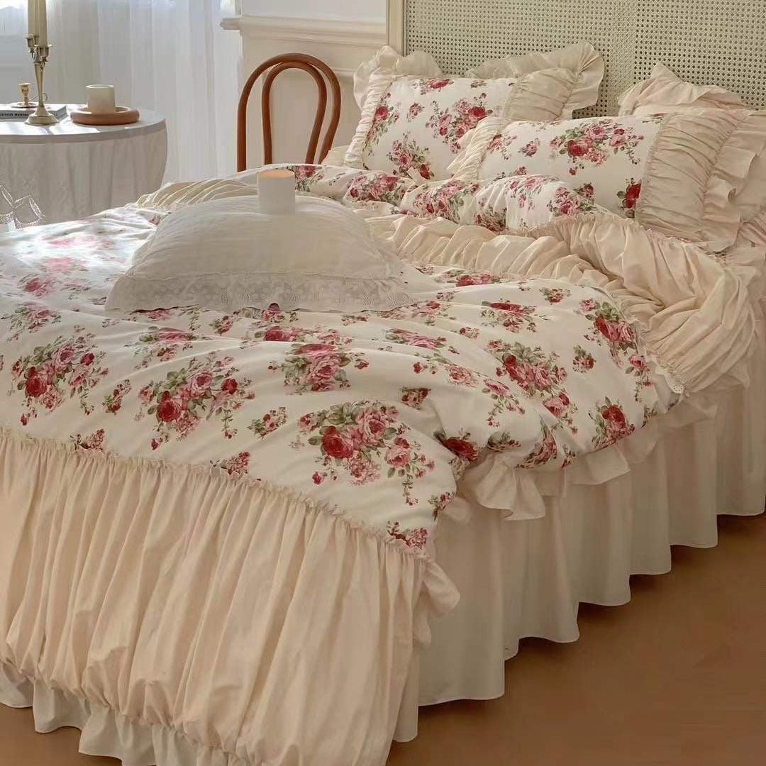 French Rose Floral Ruffle Bedding Set / White