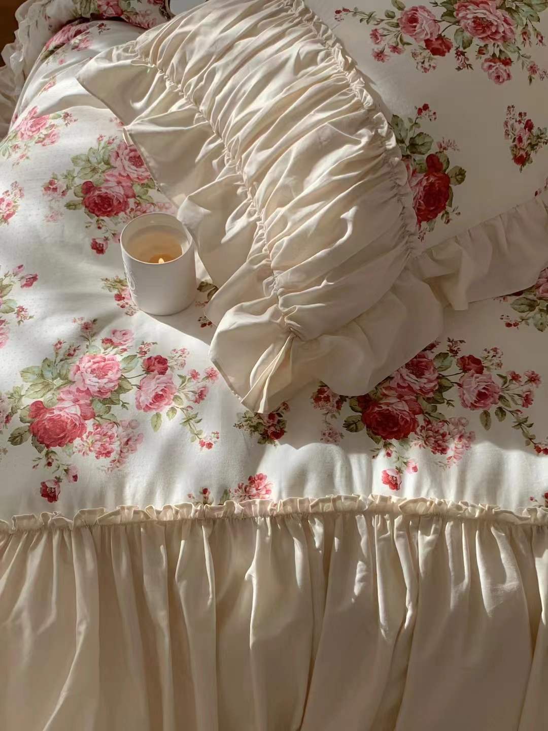 French Rose Floral Ruffle Bedding Set / White
