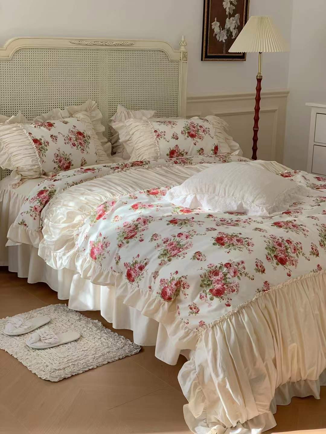 French Rose Floral Ruffle Bedding Set / White