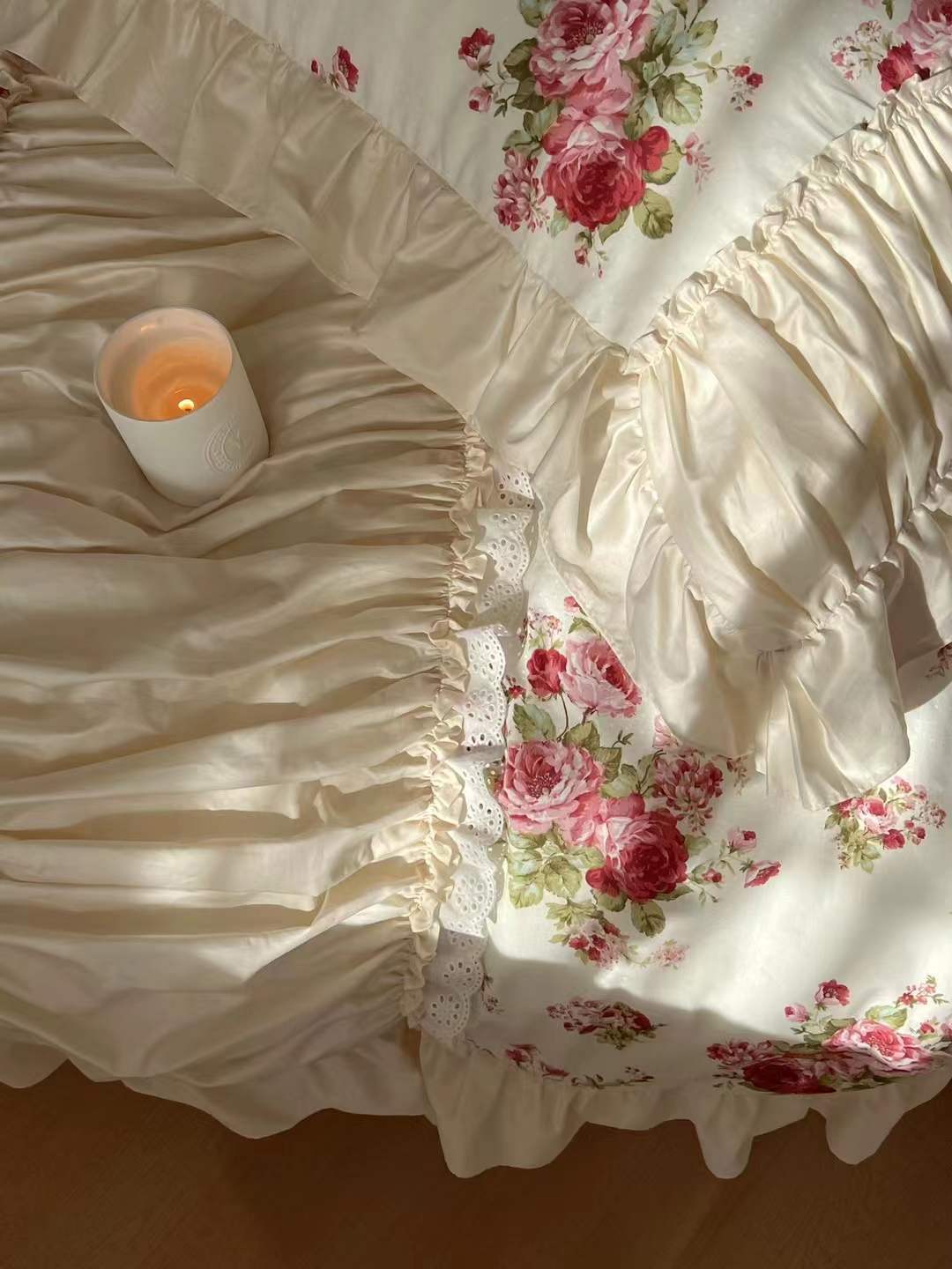 French Rose Floral Ruffle Bedding Set / White