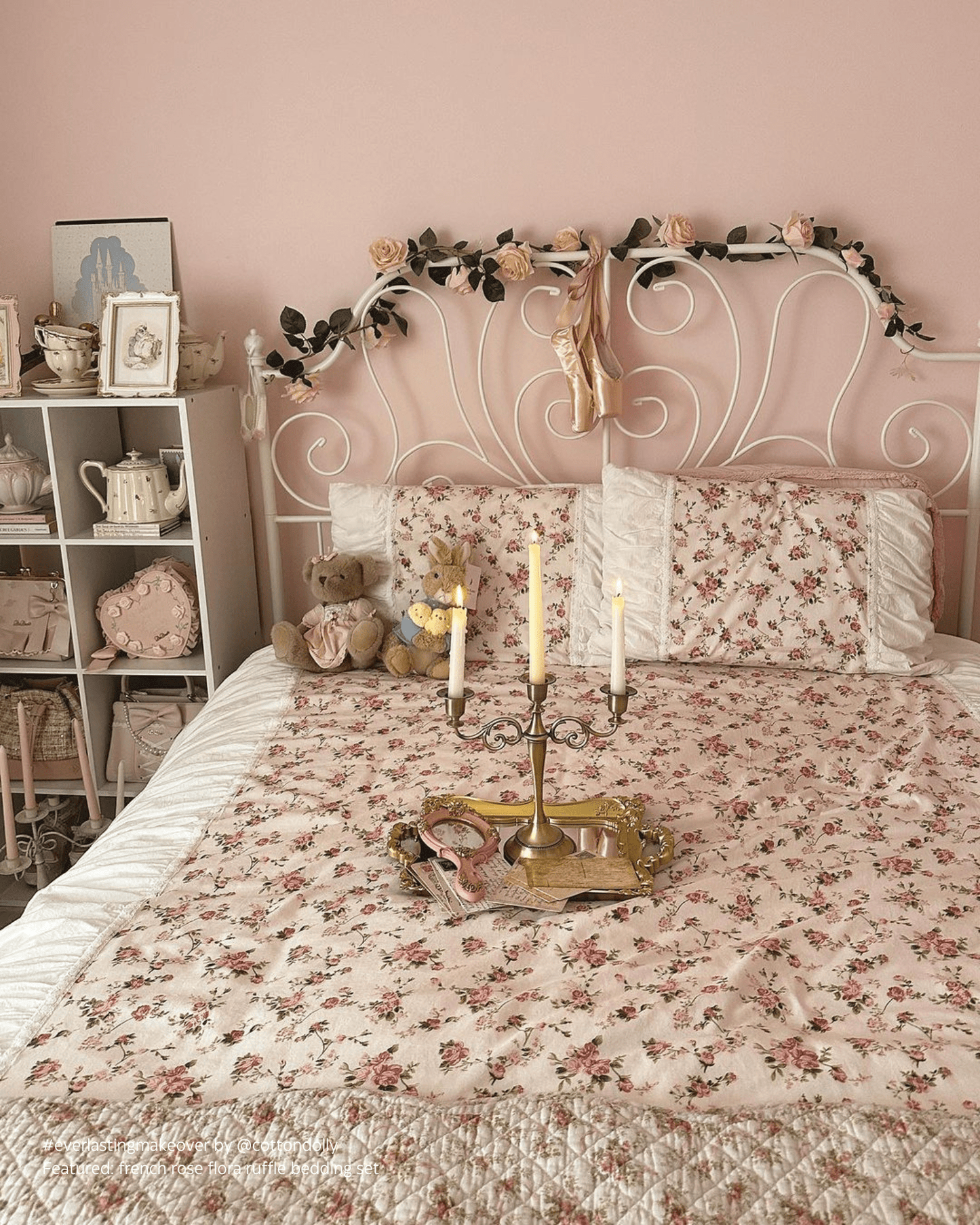 French Rose Floral Ruffle Bedding Set / White