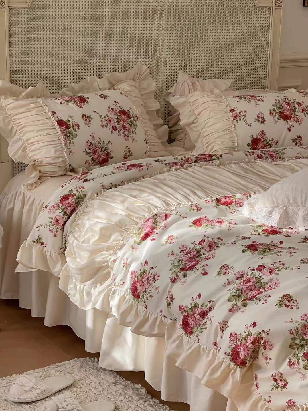 French Rose Floral Ruffle Bedding Set / White
