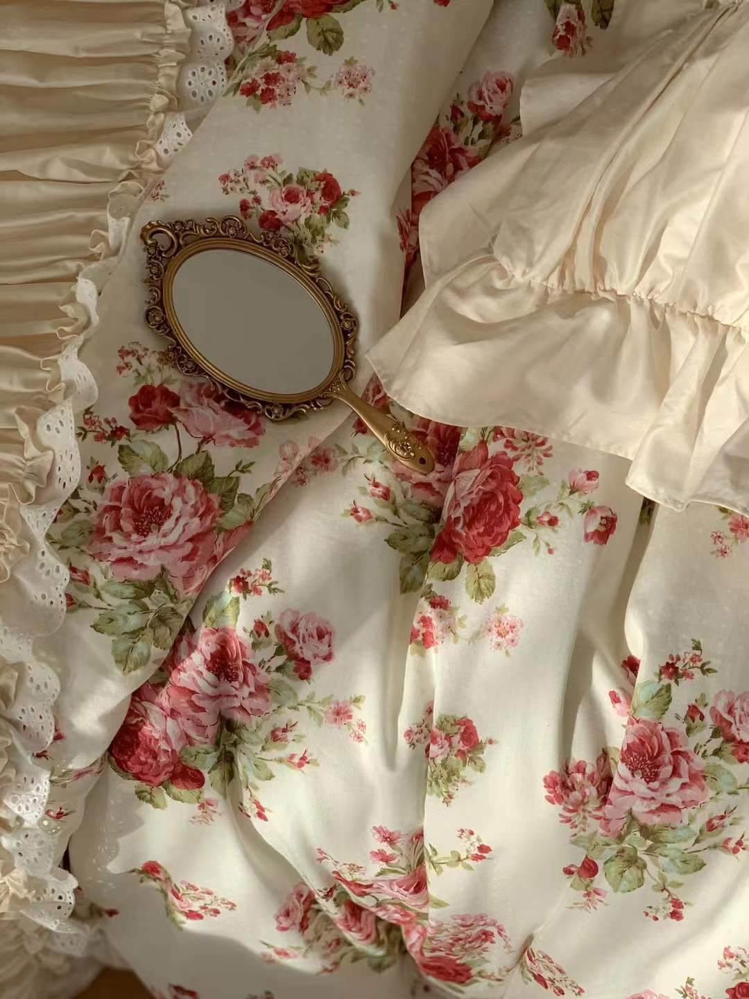 French Rose Floral Ruffle Bedding Set / White