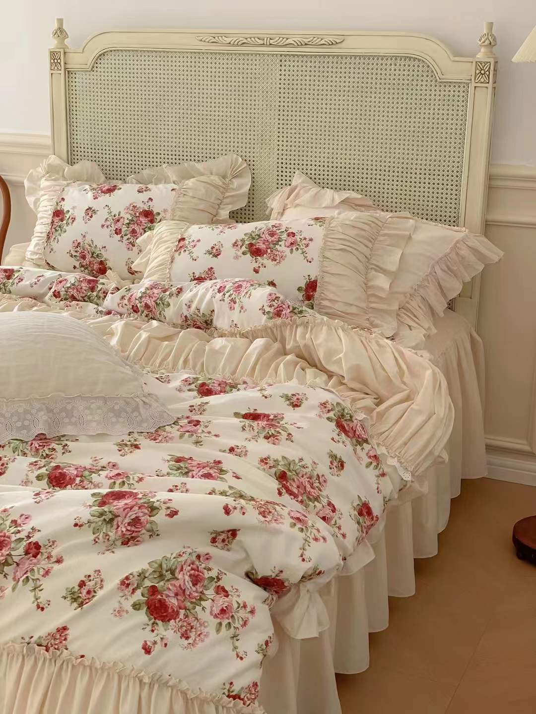 French Rose Floral Ruffle Bedding Set / White
