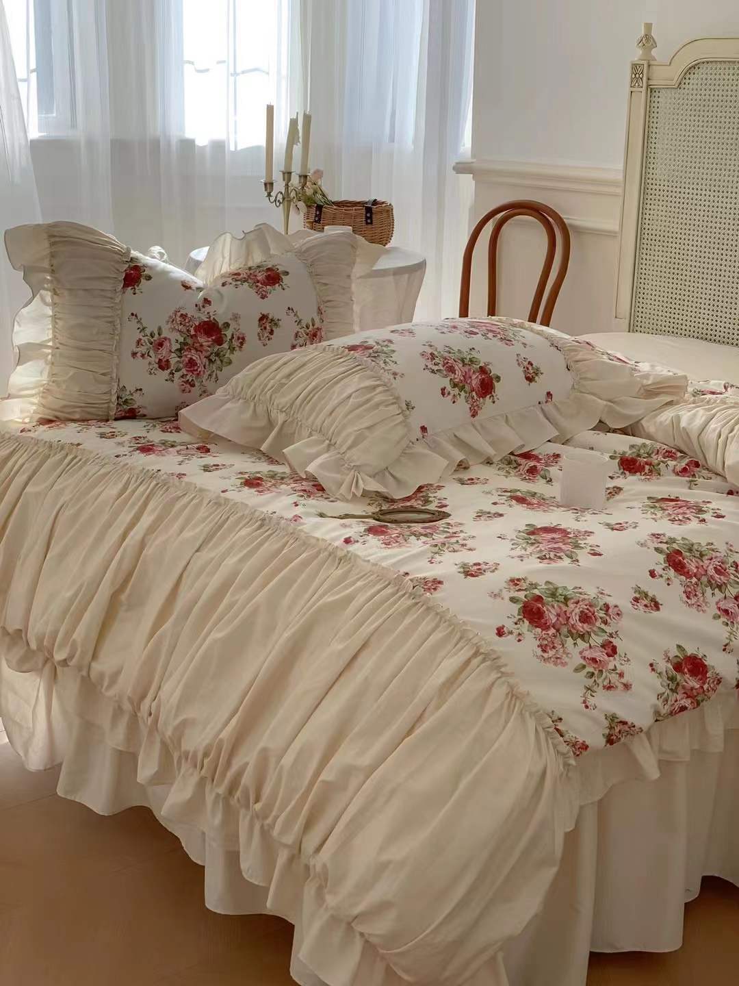 French Rose Floral Ruffle Bedding Set / White