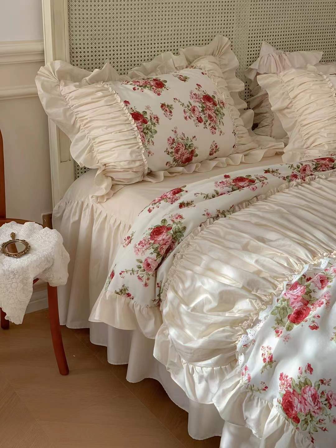 French Rose Floral Ruffle Bedding Set / White