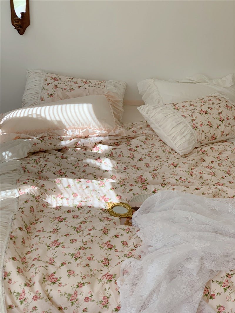 French Rose Floral Ruffle Bedding Set / White