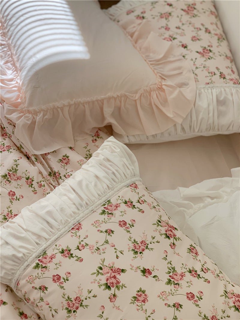 French Rose Floral Ruffle Bedding Set / White