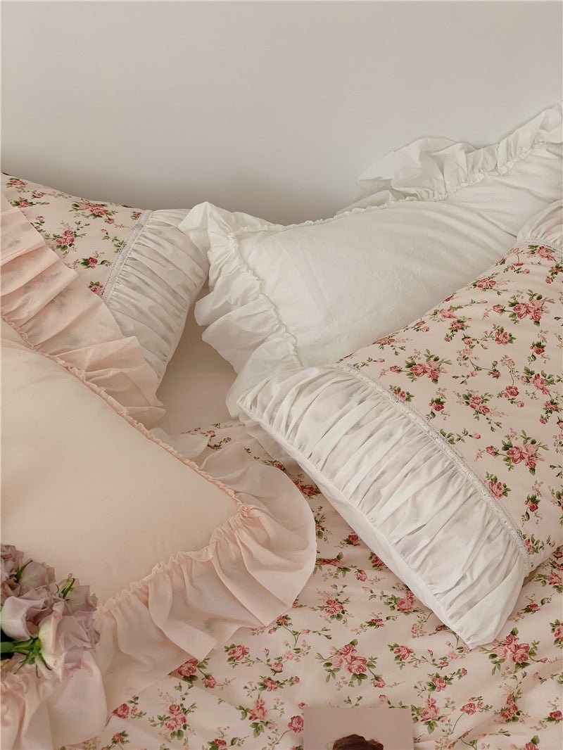 French Rose Floral Ruffle Bedding Set / White
