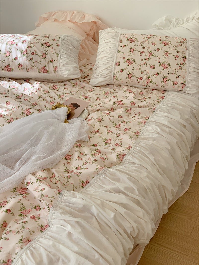 French Rose Floral Ruffle Bedding Set / White