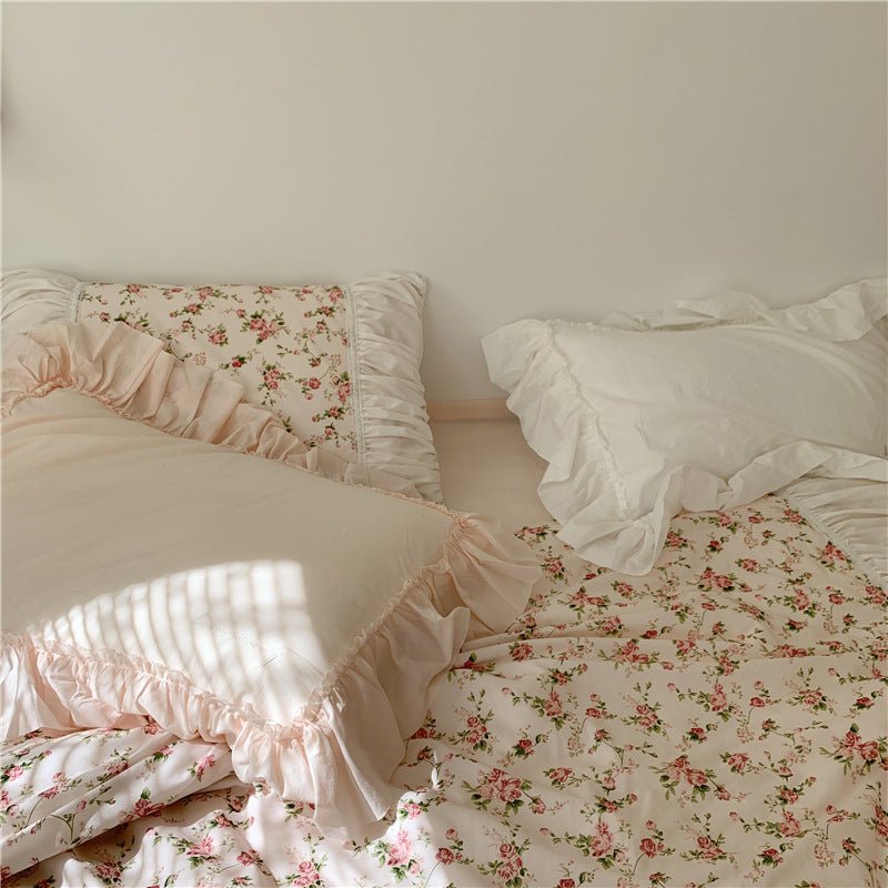 French Rose Floral Ruffle Bedding Set / White