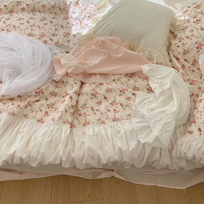 French Rose Floral Ruffle Bedding Set / White