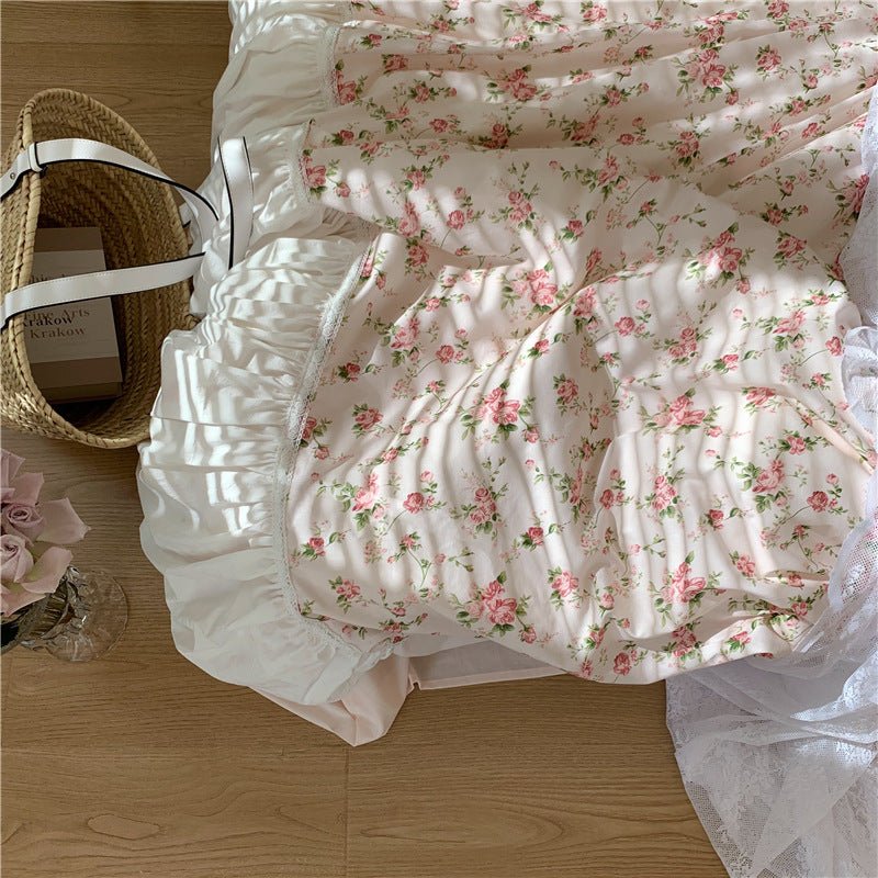 French Rose Floral Ruffle Bedding Set / White