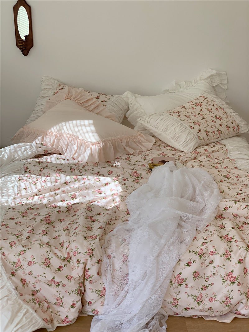 French Rose Floral Ruffle Bedding Set / White
