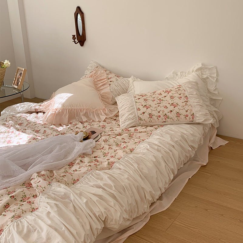 French Rose Floral Ruffle Bedding Set / White