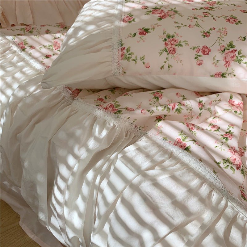 French Rose Floral Ruffle Bedding Set / White