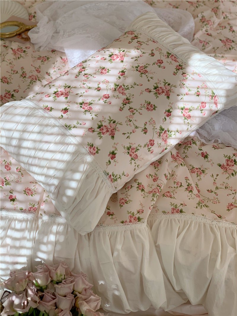 French Rose Floral Ruffle Bedding Set / White