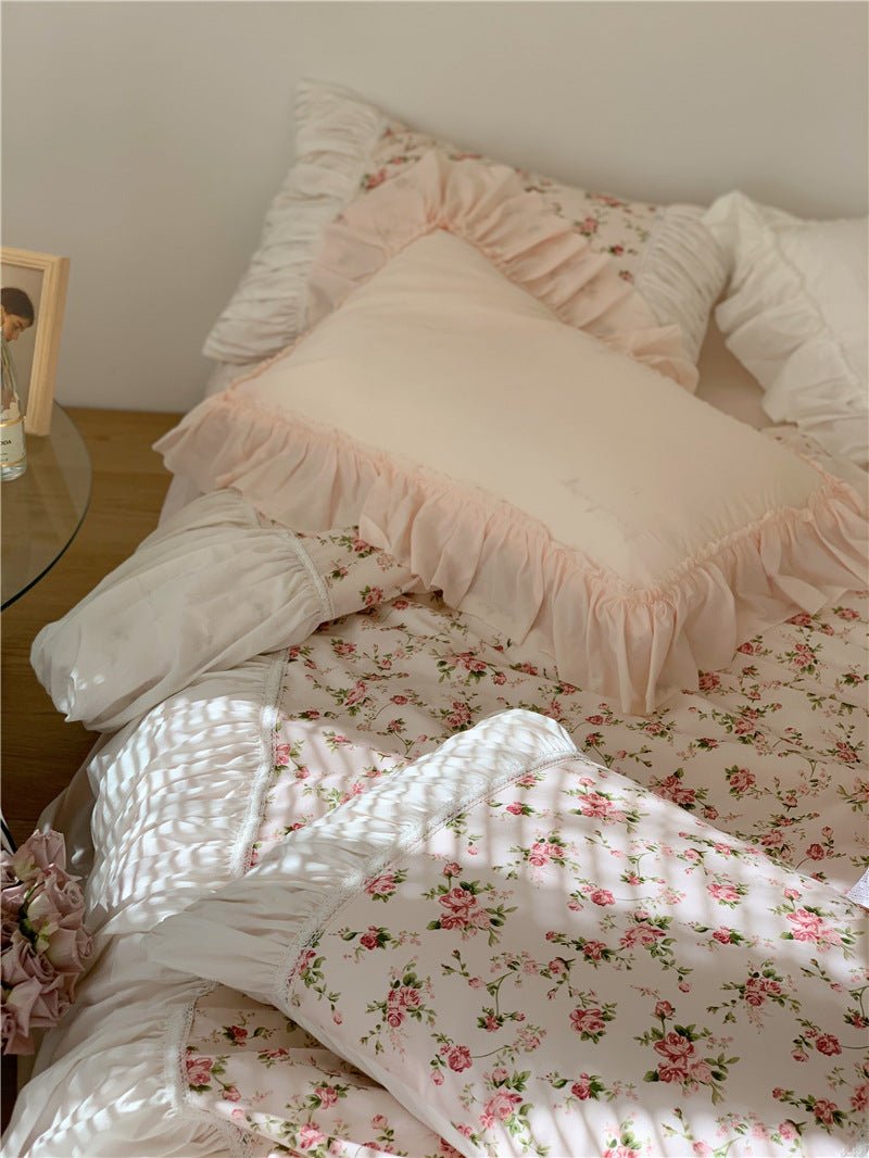 French Rose Floral Ruffle Bedding Set / White