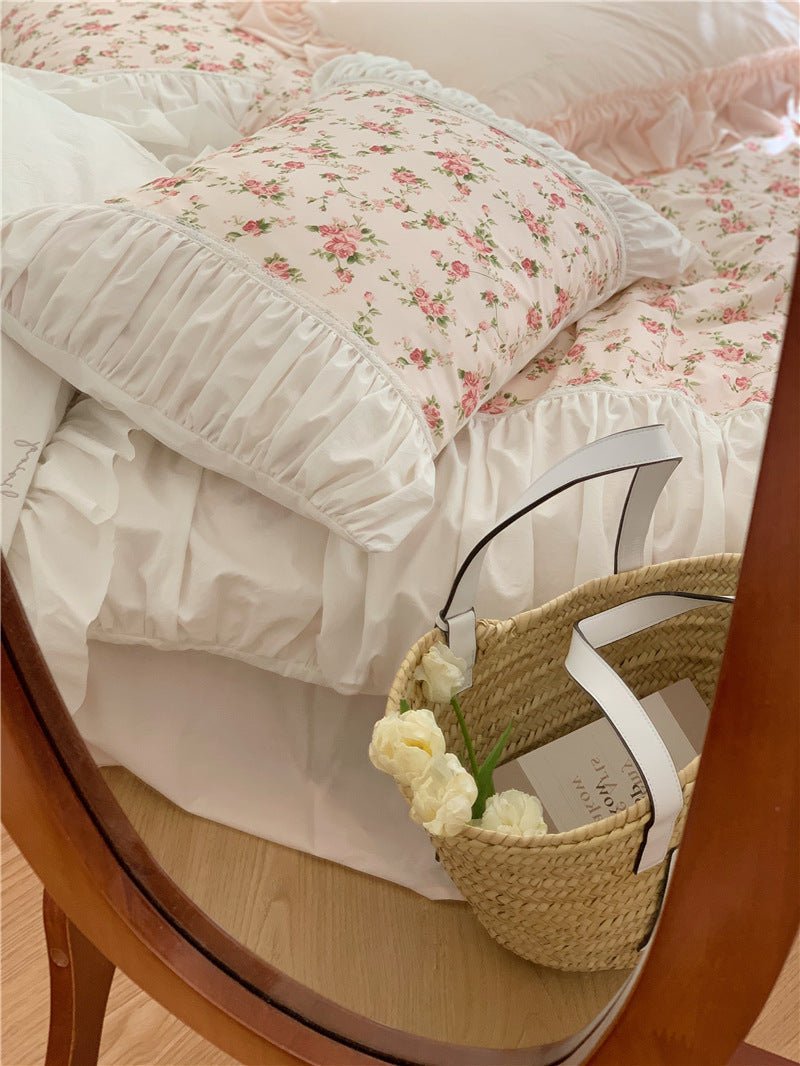 French Rose Floral Ruffle Bedding Set / White