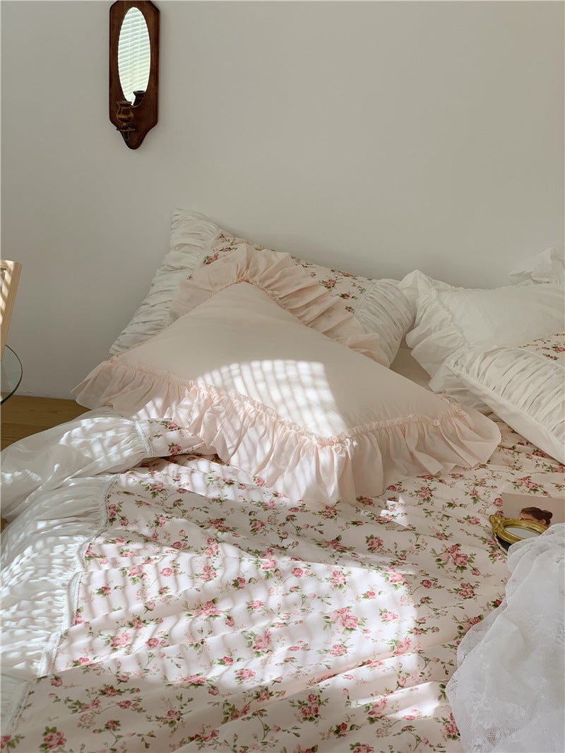 French Rose Floral Ruffle Bedding Set / White