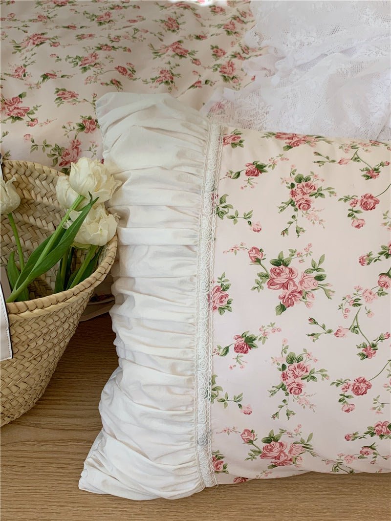French Rose Floral Ruffle Bedding Set / White