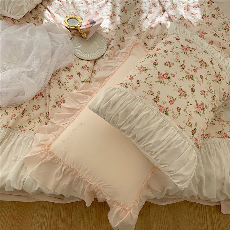 French Rose Floral Ruffle Bedding Set / White