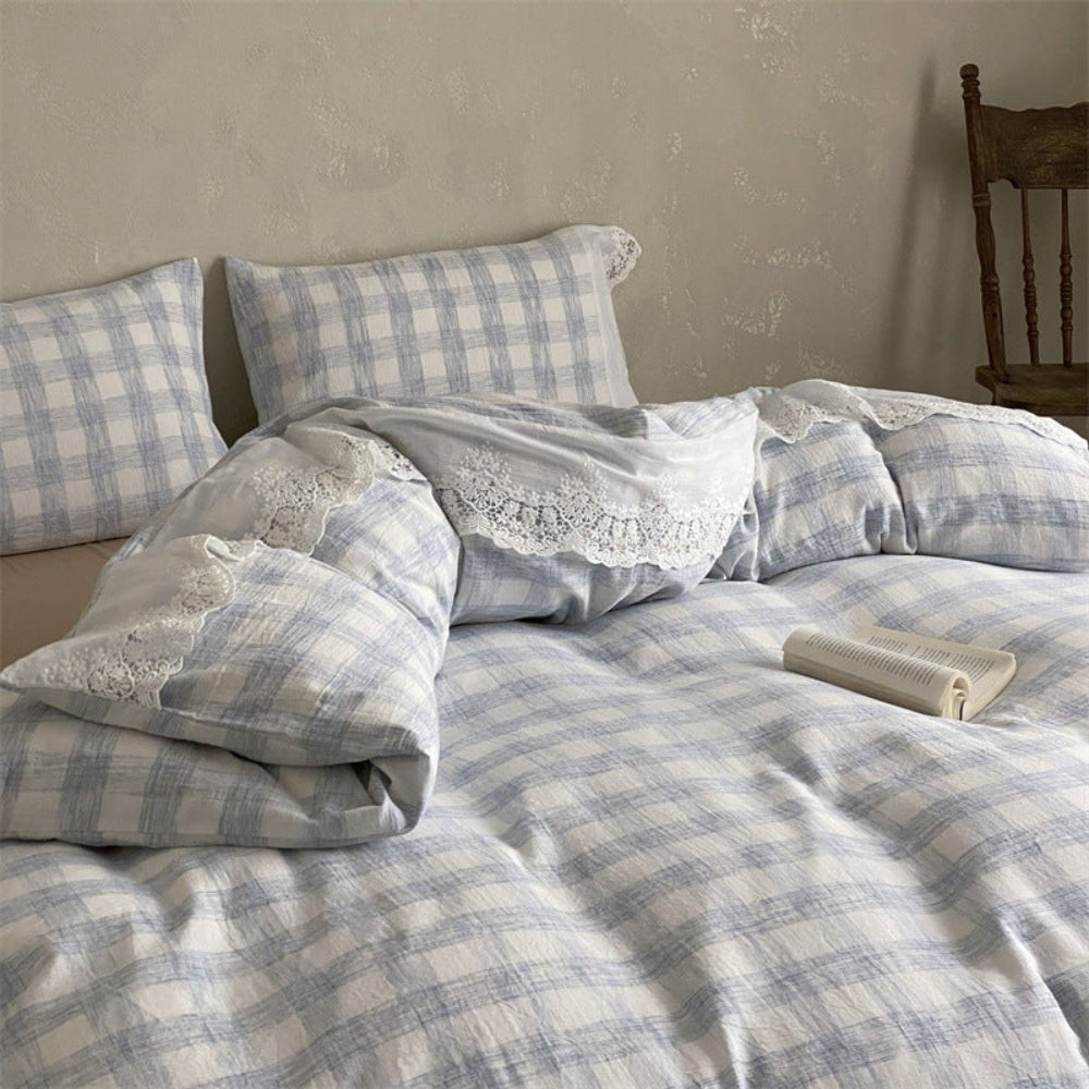 June Lace Double Gauze Gingham Bedding Set / Blue