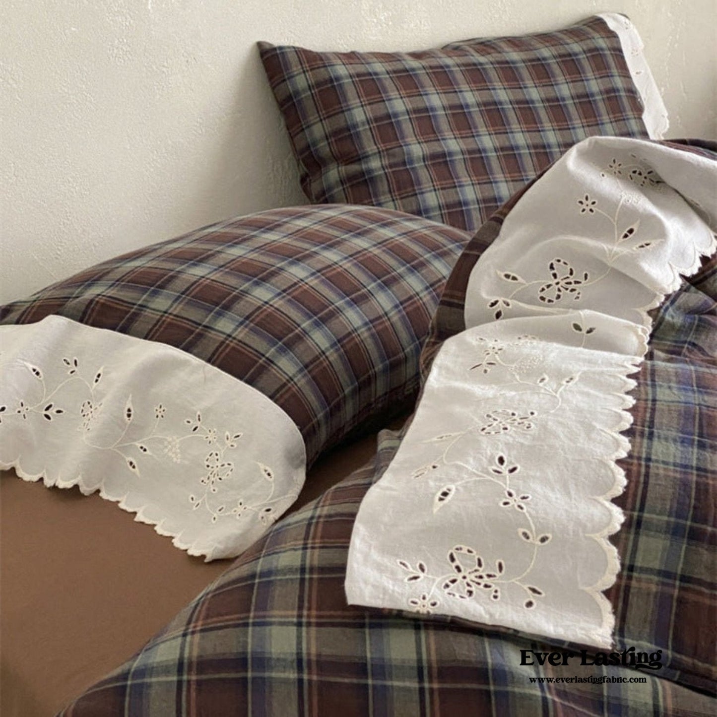 June Lace Double Gauze Gingham Bedding Set / Khaki