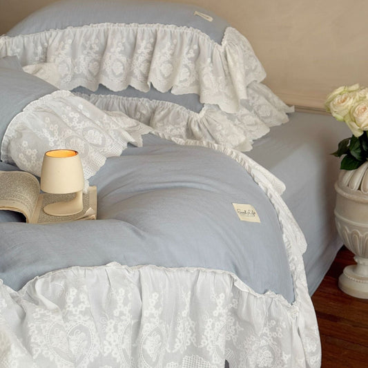 Macaroon French Lace Ruffled Bedding Set / Blue
