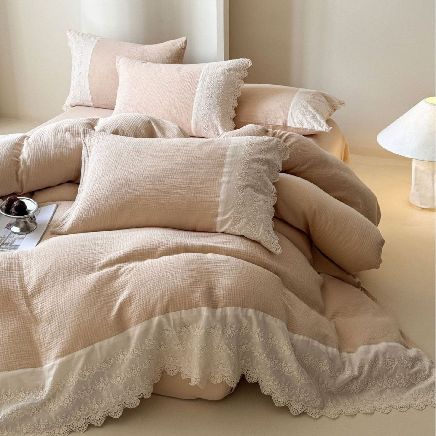 Margaux Lace Double Gauze Bedding Set / Beige Brown